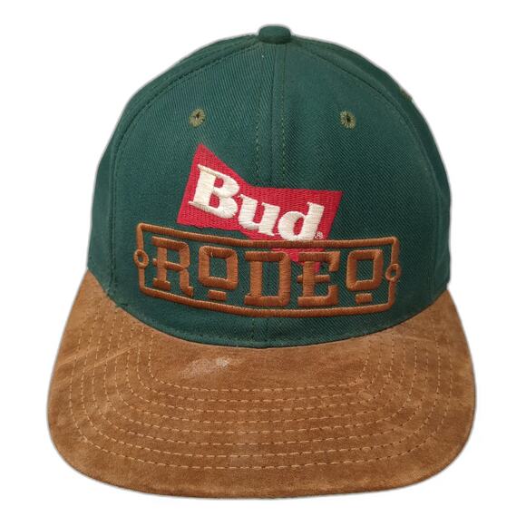 Budweiser Other - Budweiser Rodeo Baseball Cap Green OS Leather Strapback Suede Brim Hat Vintage